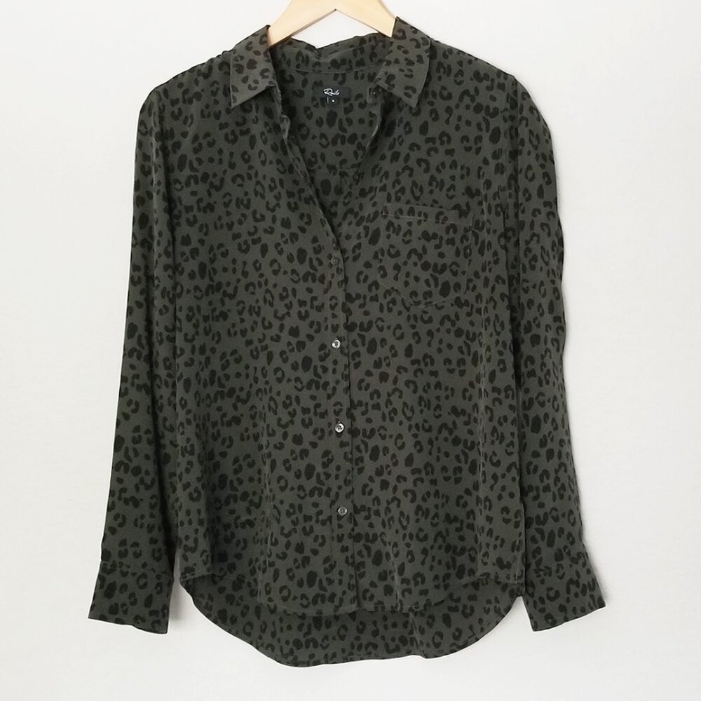 Rails Kate 100% Silk Button Down Blouse Olive Cheetah S Minimalist Designer $198 - Picture 5 of 16